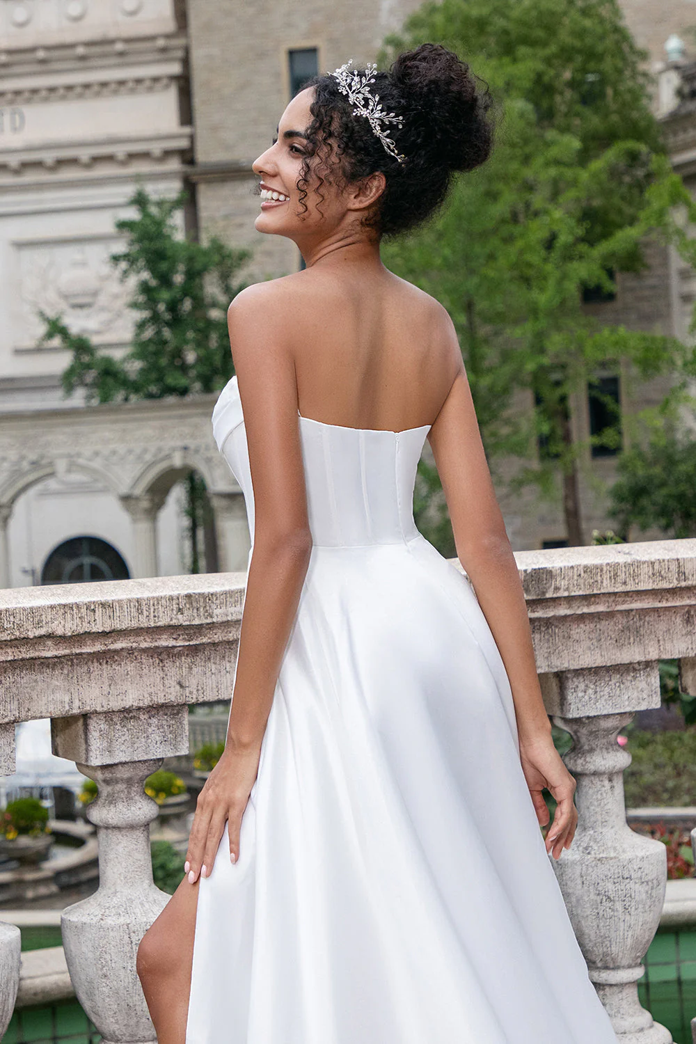 Elegant White A Line Strapless Pleated Sweep Train Corset Wedding Dress With Slit - JUORTHO