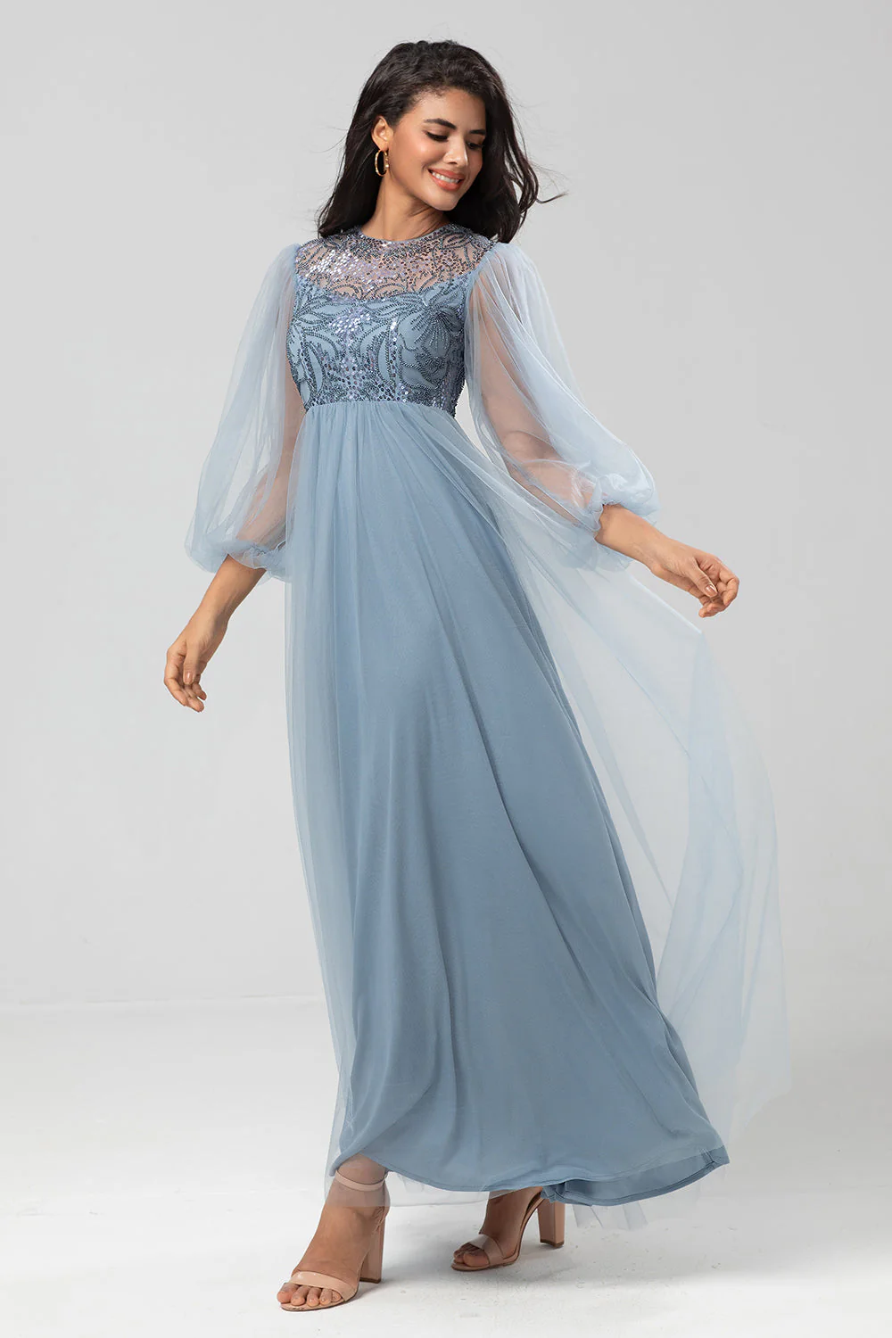 Chic Romantic A Line Jewel Neck Grey Blue Long Wedding Party Dress with Long Sleeves - JUORTHO