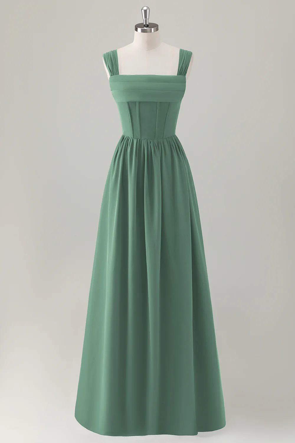 Champagne Corset A-Line Square Neck Long Bridesmaid Dress with Lace Up Back - JUORTHO