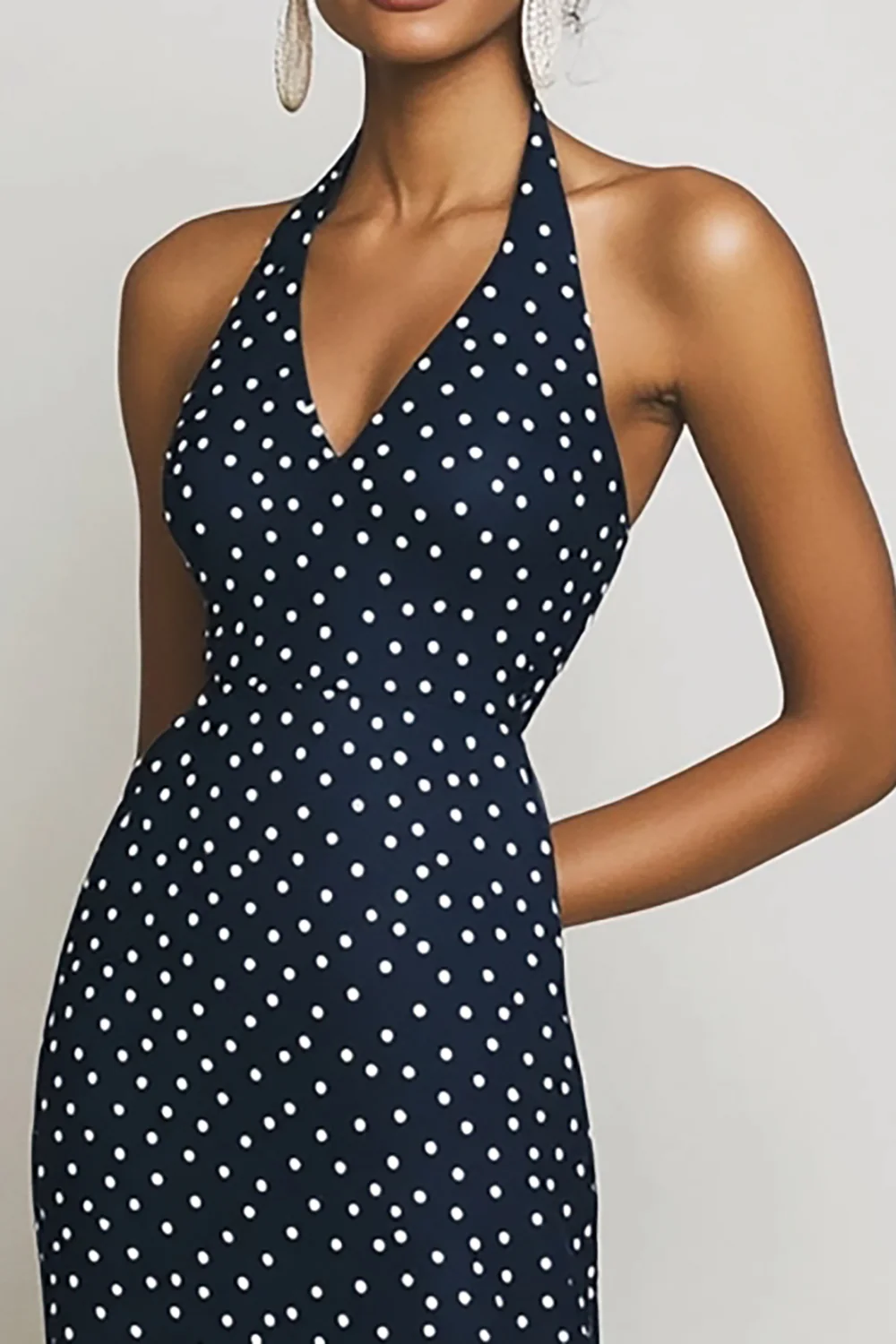 Halter Navy and White Sheath Boho Maxi Chiffon Polka Dot Dress - JUORTHO