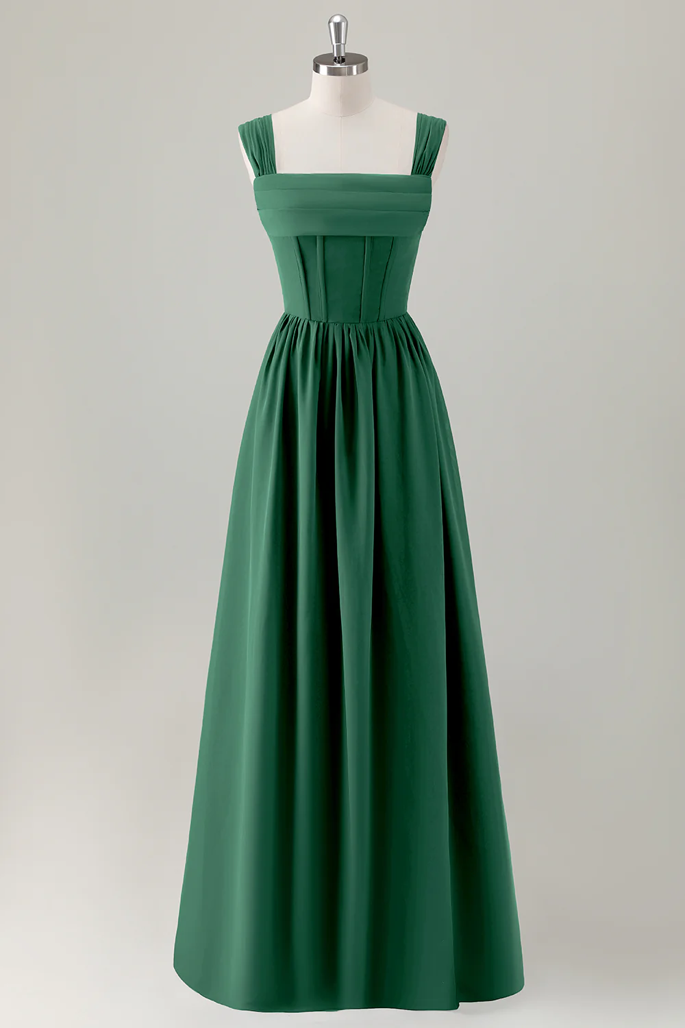 Champagne Corset A-Line Square Neck Long Bridesmaid Dress with Lace Up Back - JUORTHO