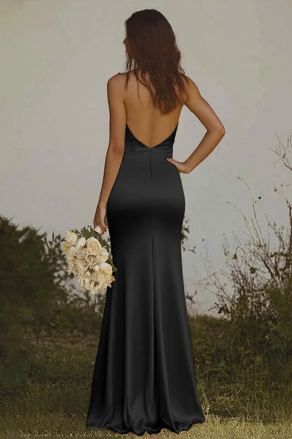 Mermaid Light Yellow Halter Long Satin Bridesmaid Dress - JUORTHO