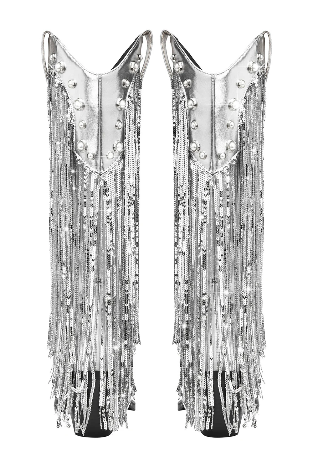 Women's Blue Fringe Metallic Pointed Toe Chunky Heel Mid Calf Boots - JUORTHO