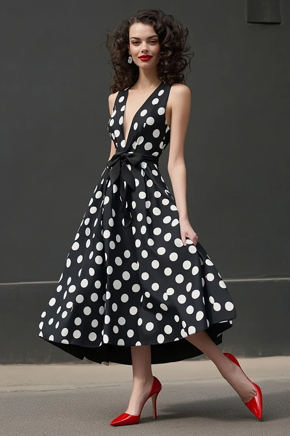 Deep V-Neck Black and White Satin Maxi A Line Polka Dot Dress with Bow - JUORTHO