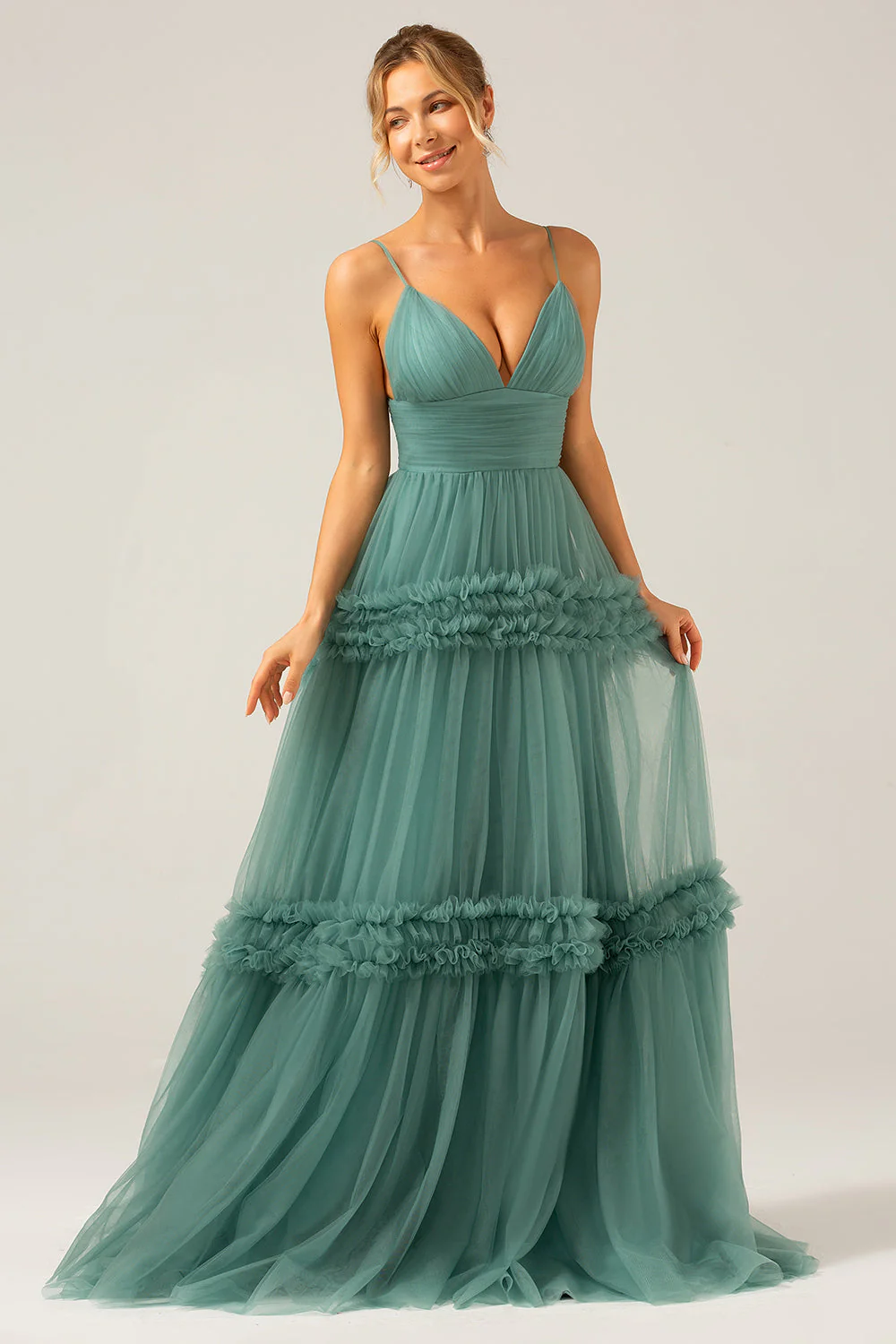 Green Tulle A Line Spaghetti Straps Long Bridesmaid Dress with Ruffles - JUORTHO