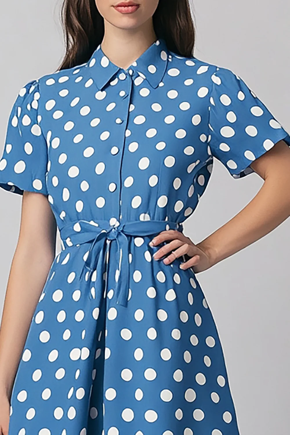 Satin Short Sleeves Blue and White A Line Maxi Polka Dot Dress with Sash - JUORTHO