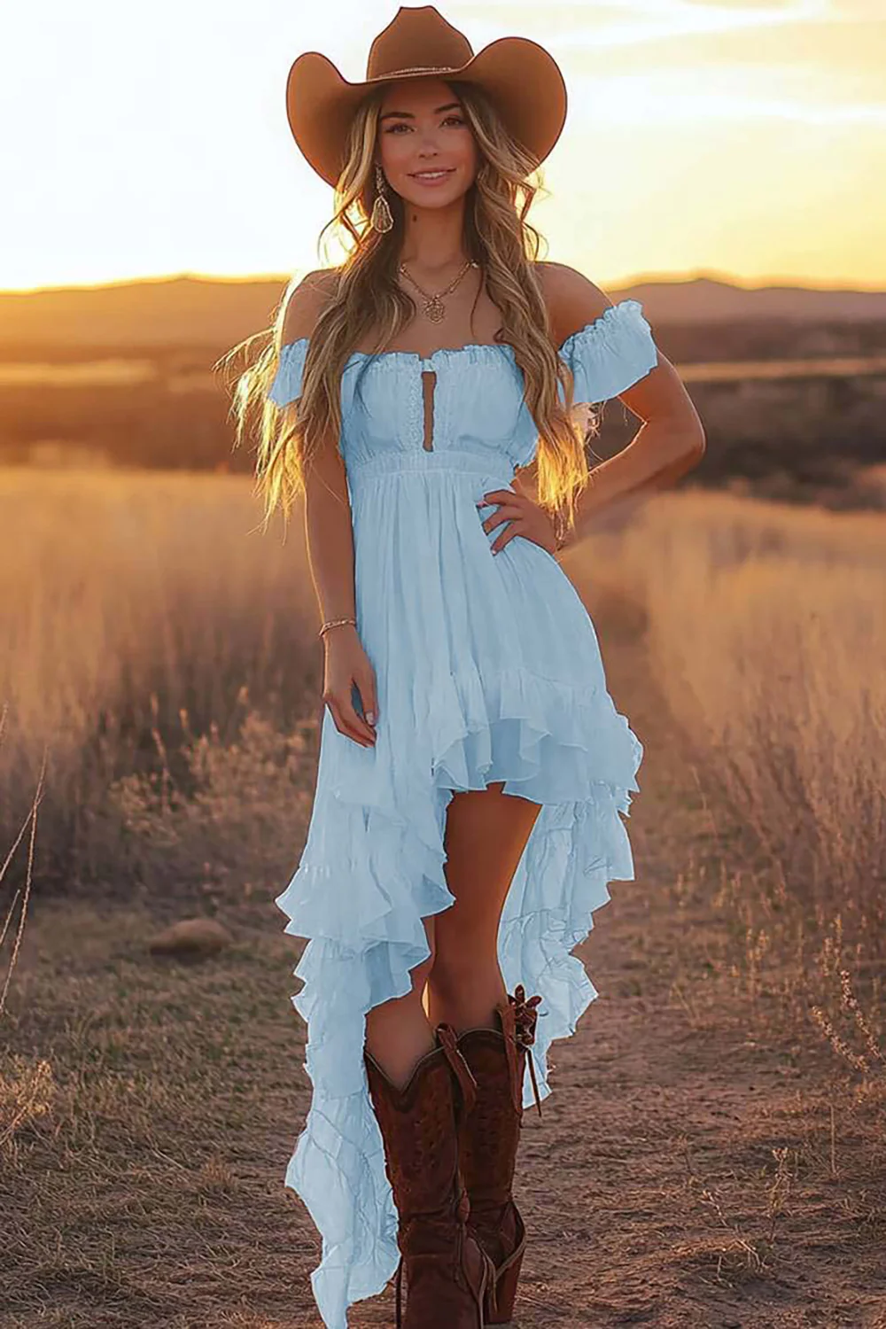 White A Line Off the Shoulder Asymmetrical Western Wedding Dress with Ruffles - JUORTHO