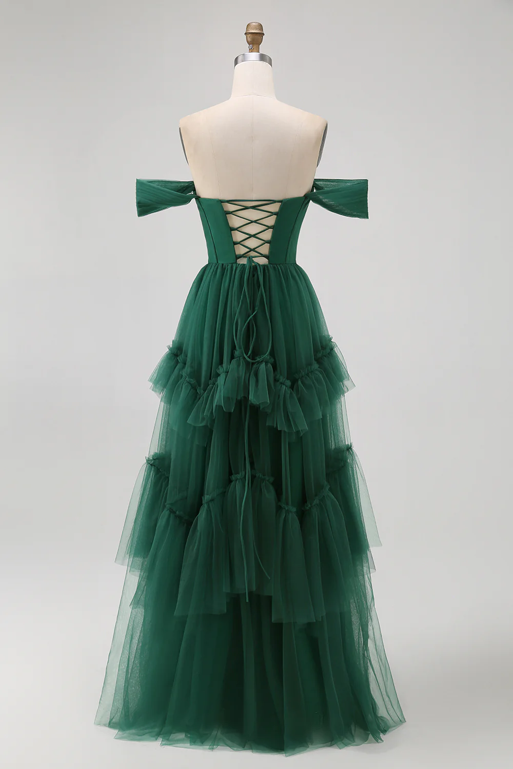 Dark Green Tulle A-Line Tiered Long Corset Wedding Guest Dress - JUORTHO