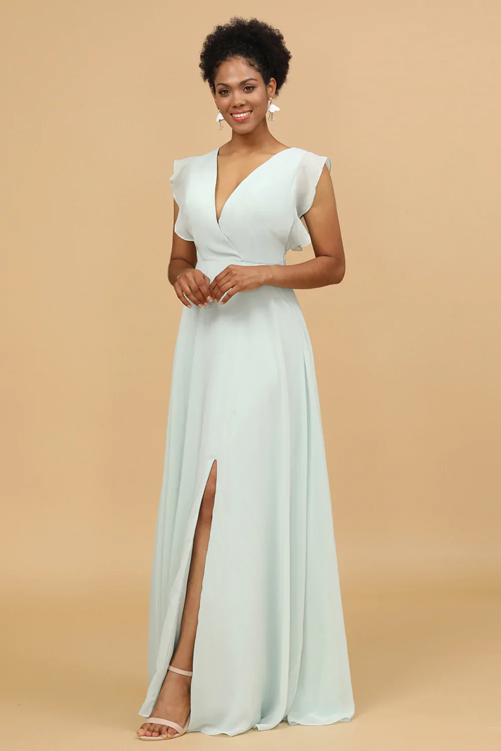 Mint Chiffon V-Neck A-Line Bridesmaid Dress - JUORTHO