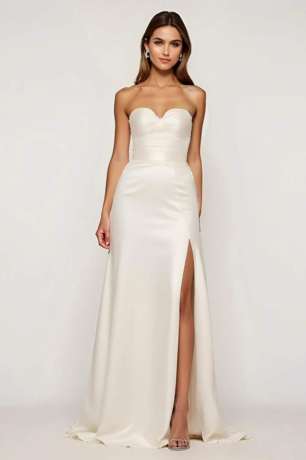 Ivory Strapless Satin Long Graduation Dress with Slit - JUORTHO