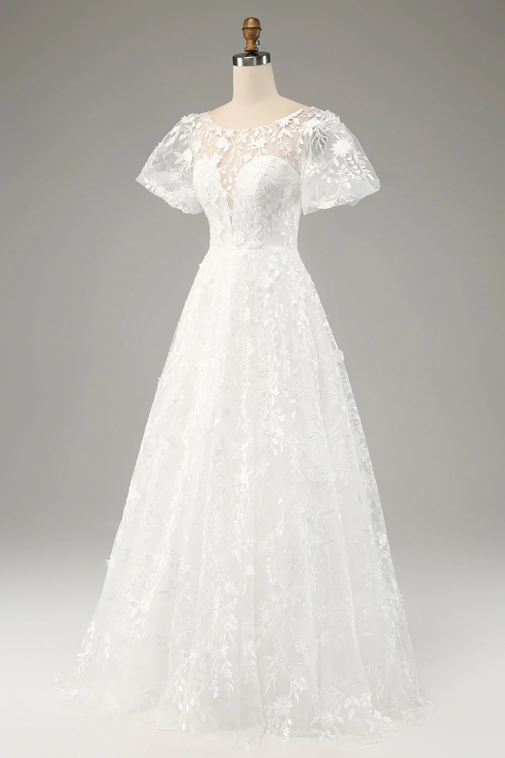 Ivory A-Line Puff Sleeves Wedding Dress with Appliques - JUORTHO