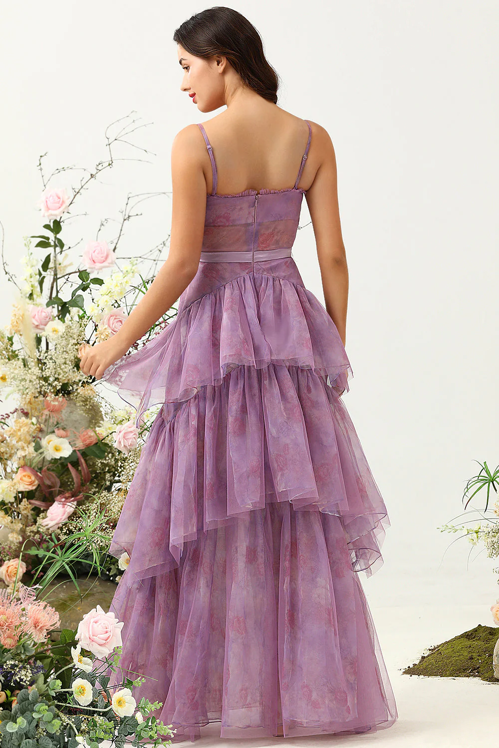 Purple Tulle Spaghetti Straps Corset Bridesmaid Dress - JUORTHO