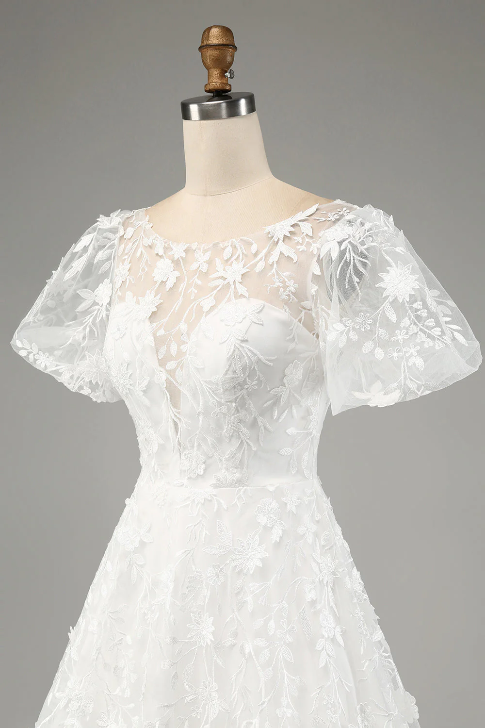 Ivory A-Line Puff Sleeves Wedding Dress with Appliques - JUORTHO