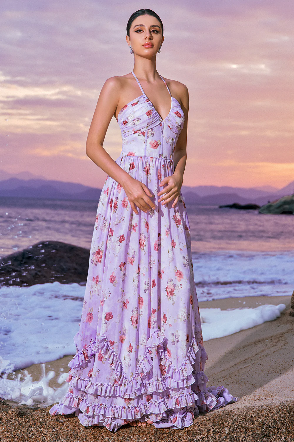 Grey Purple Floral A Line Corset Halter Bridesmaid Dress with Slit - JUORTHO