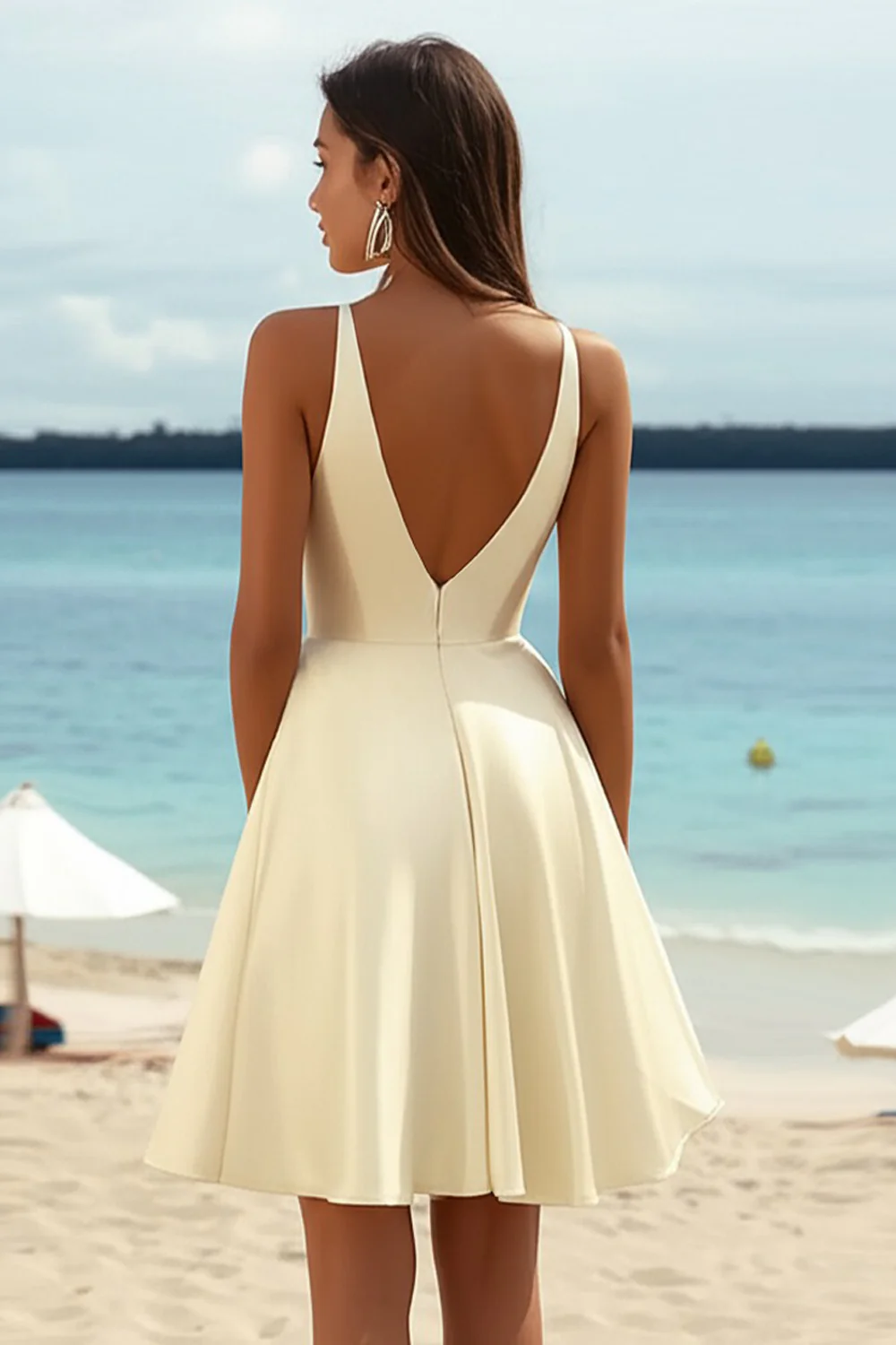 Daffodil Satin A Line Deep V Neck Short Graduation Dress - JUORTHO