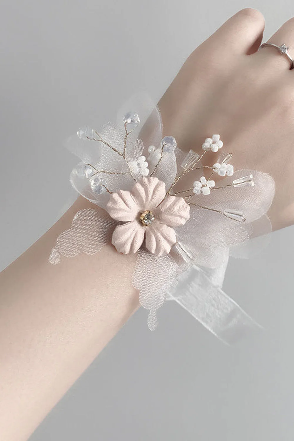 Blush Wedding Wrist Corsage with Beading - JUORTHO