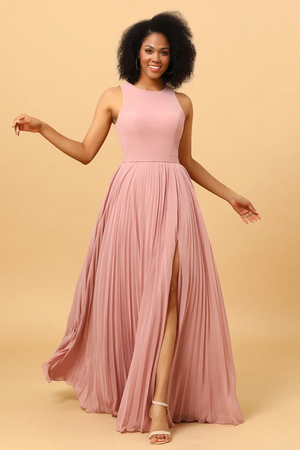 Blush Long Chiffon Pleated Bridesmaid Dress with Slit - JUORTHO