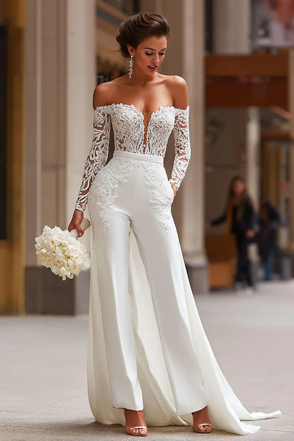 White Long Sleeves Appliqued Bridal Jumpsuits with Cape - JUORTHO