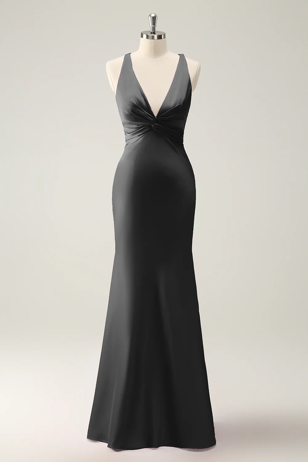 Pink Mermaid V Neck Satin Long Bridesmaid Dress - JUORTHO