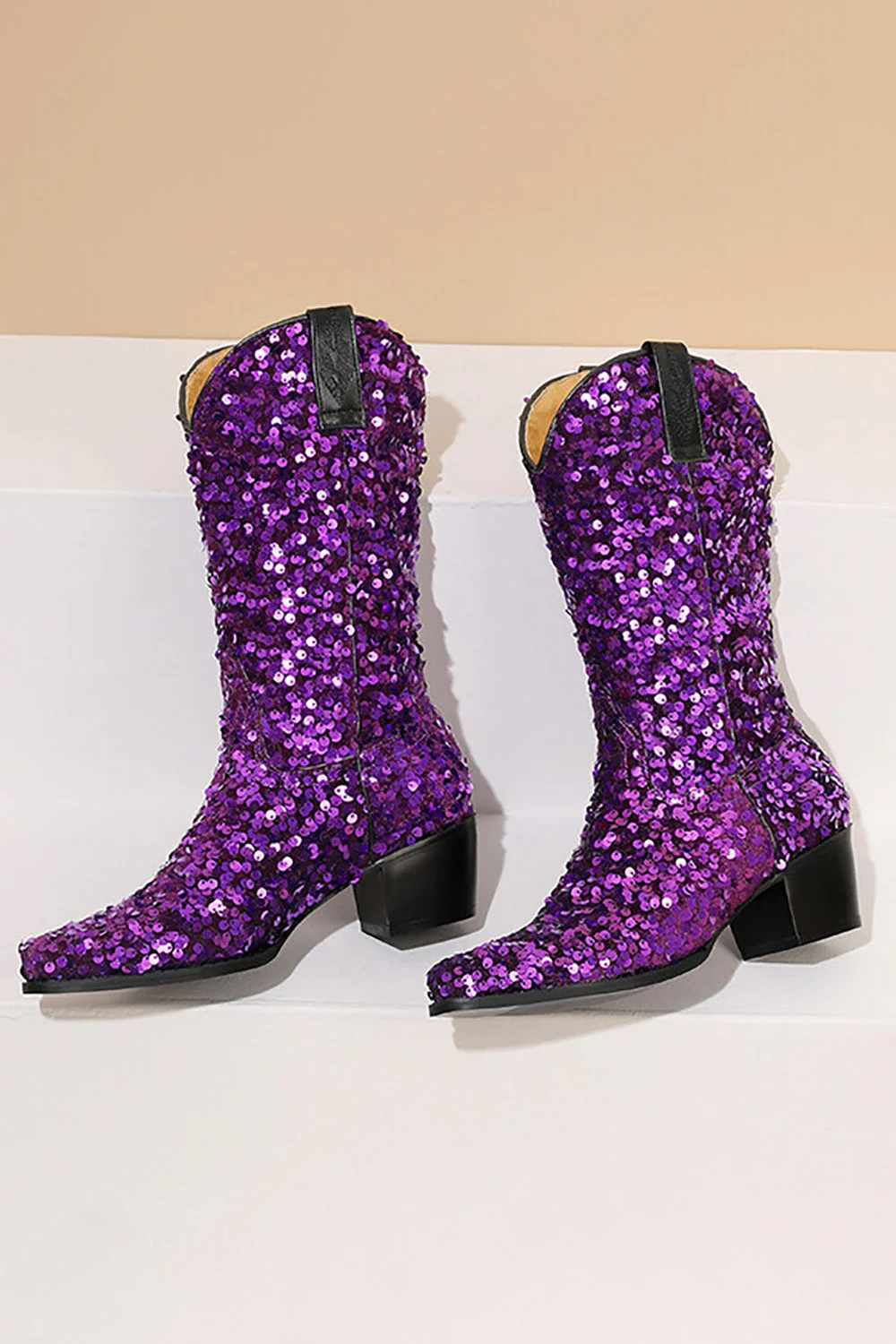 Glitter Black Mid Calf Sequins Snip Toe Chunky Heeled Boots - JUORTHO