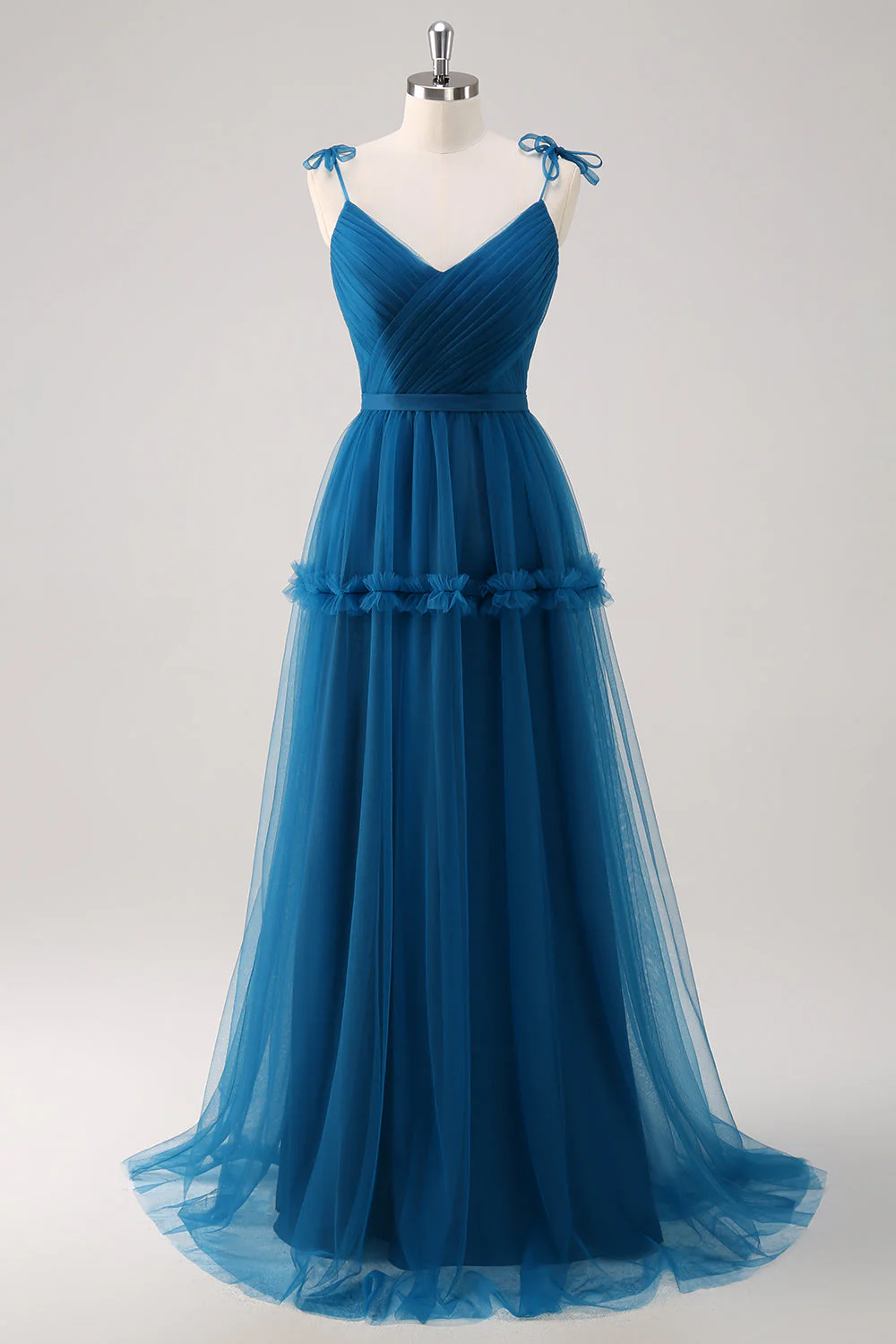 Dark Blue A-Line Spaghetti Straps Pleated Long Bridesmaid Dress - JUORTHO