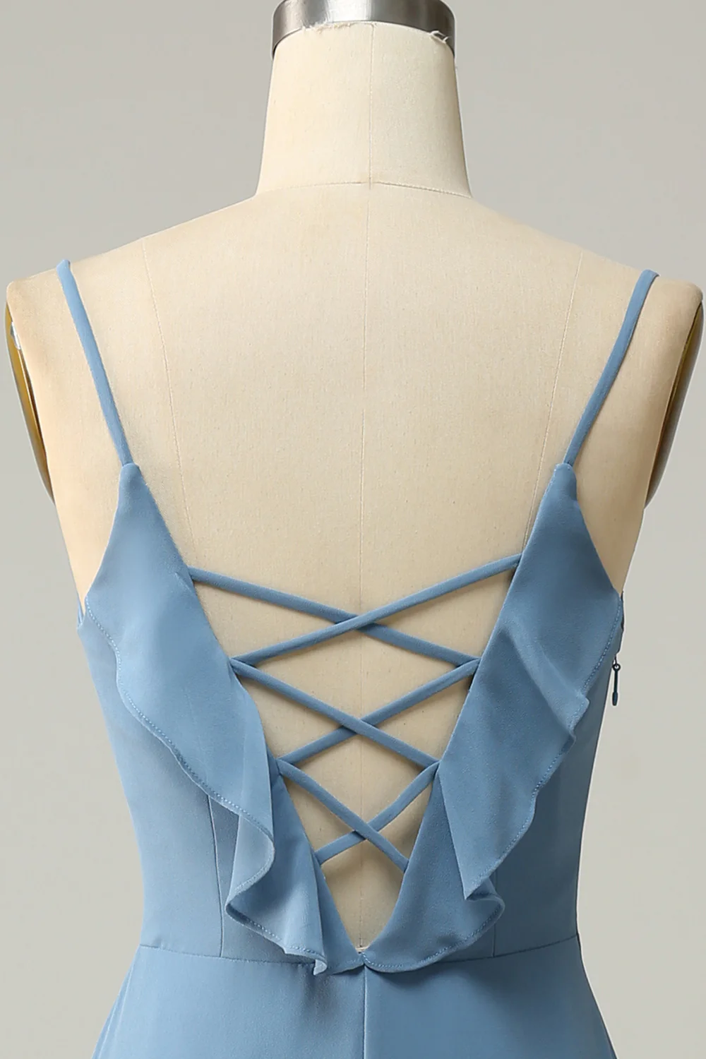 A Line Spaghetti Straps Grey Blue Long Bridesmaid Dress with Ruffles - JUORTHO