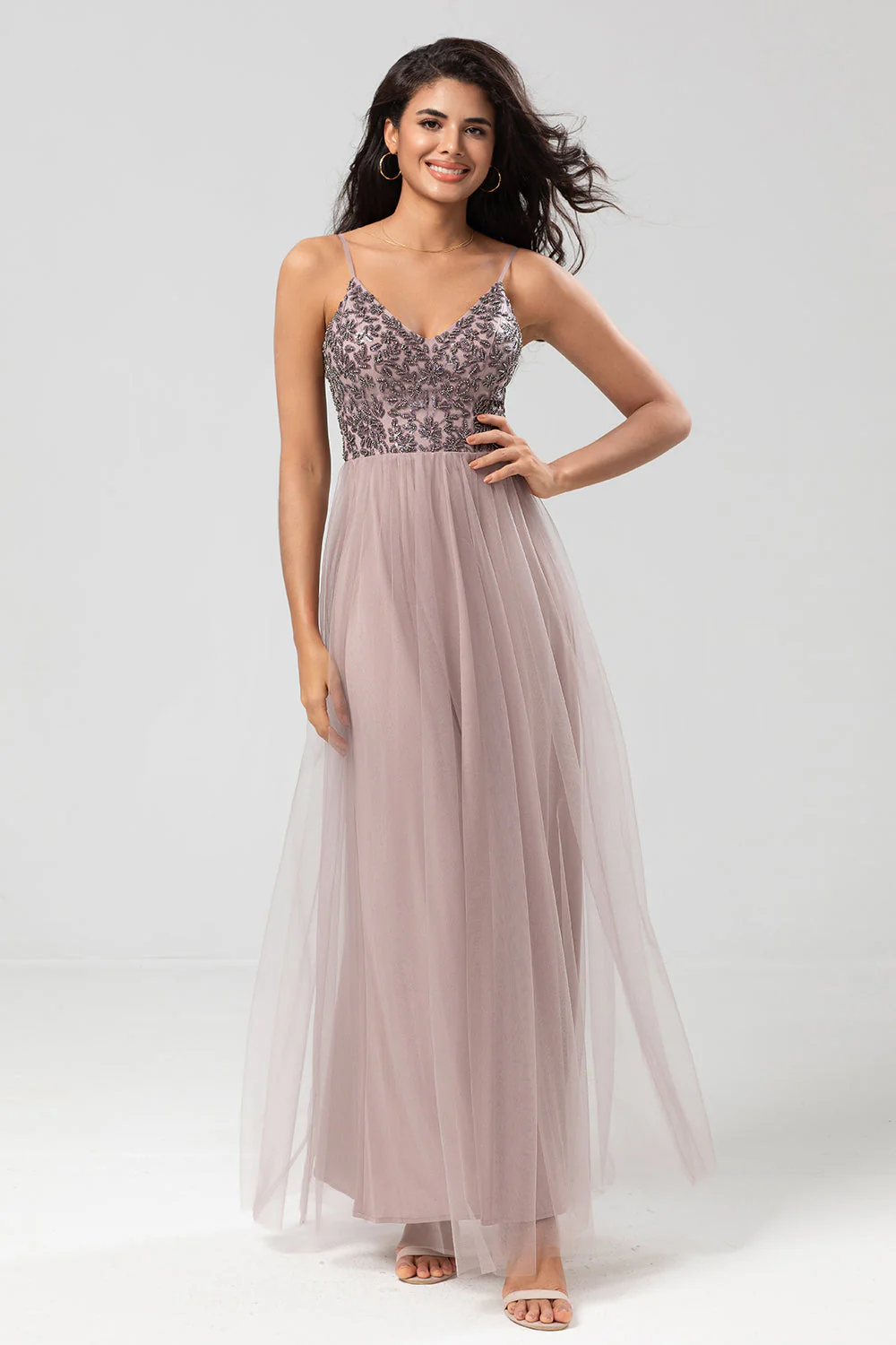 Chic Romantic A Line Spaghetti Straps Dusty Blue Long Bridesmaid Dress with Beading - JUORTHO