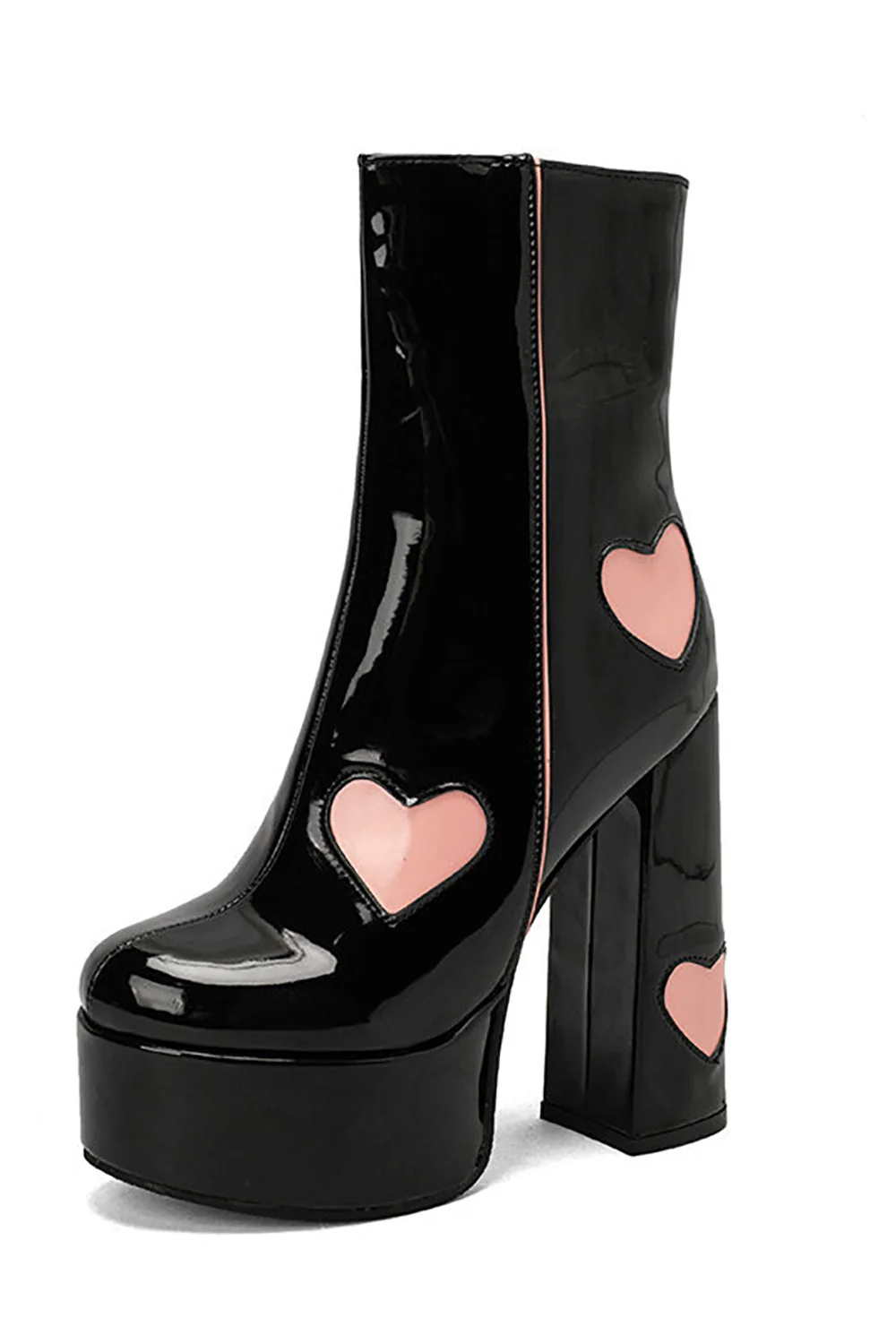 Black PU Leather Platform Chunky Block High Heel Boots with Pink Hearts - JUORTHO