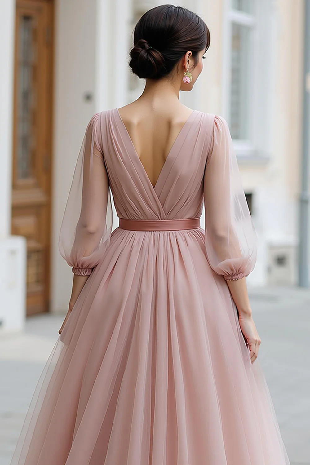 Dusty Rose V-Neck Tulle A-Line Long Bridesmaid Dress with Sleeves - JUORTHO