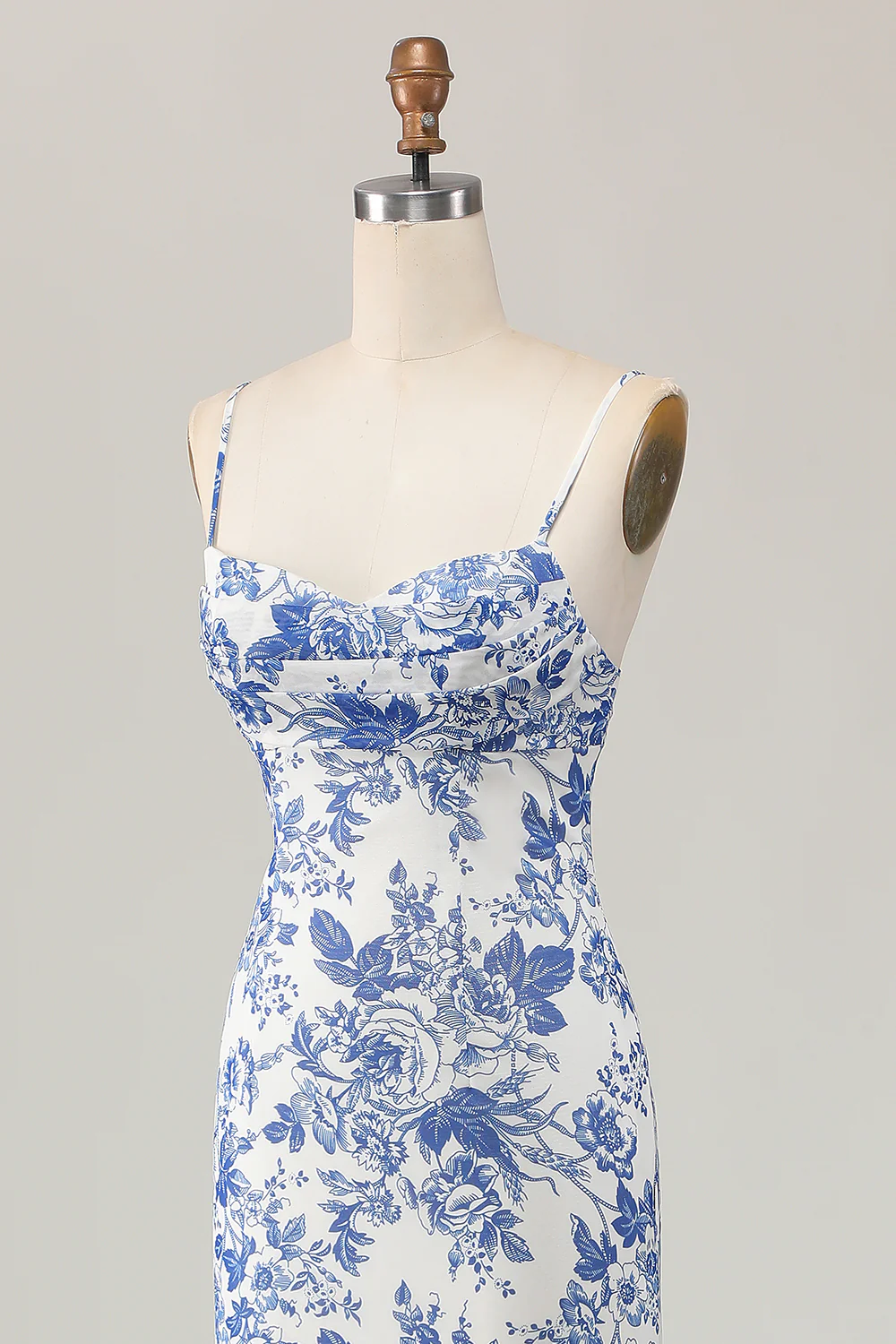 White and Blue Floral Ruched Sheath Long Wedding Guest Dress - JUORTHO