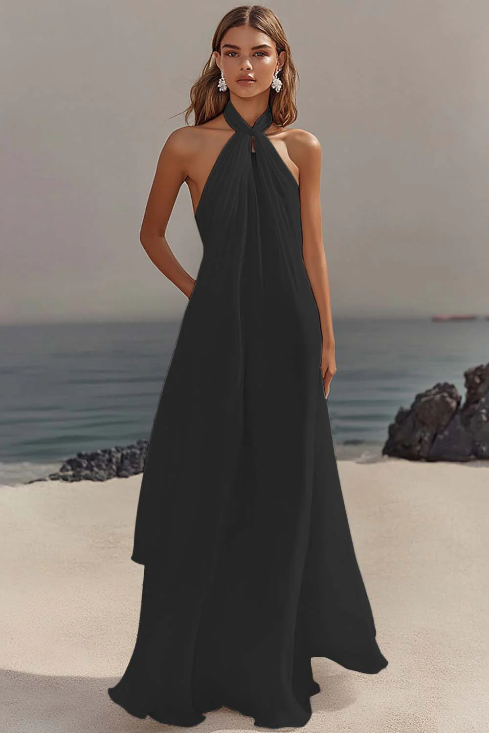 Chiffon White A Line Halter Long Rehearsal Dinner Dress - JUORTHO
