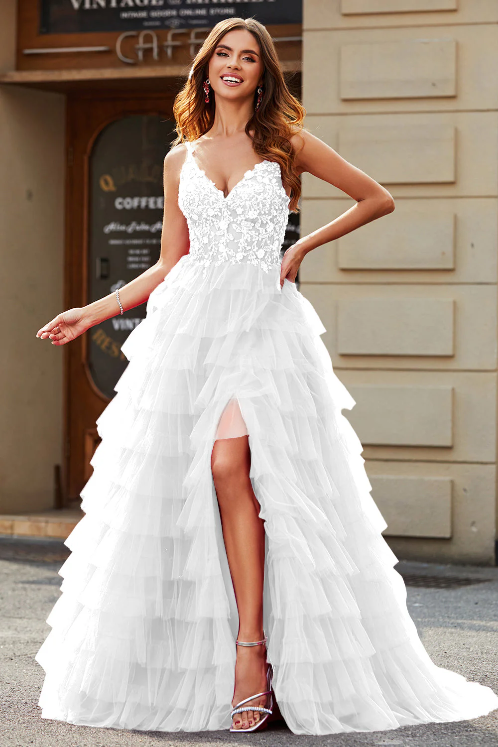 A-Line Spaghetti Straps White Tiered Wedding Dress with Slit - JUORTHO