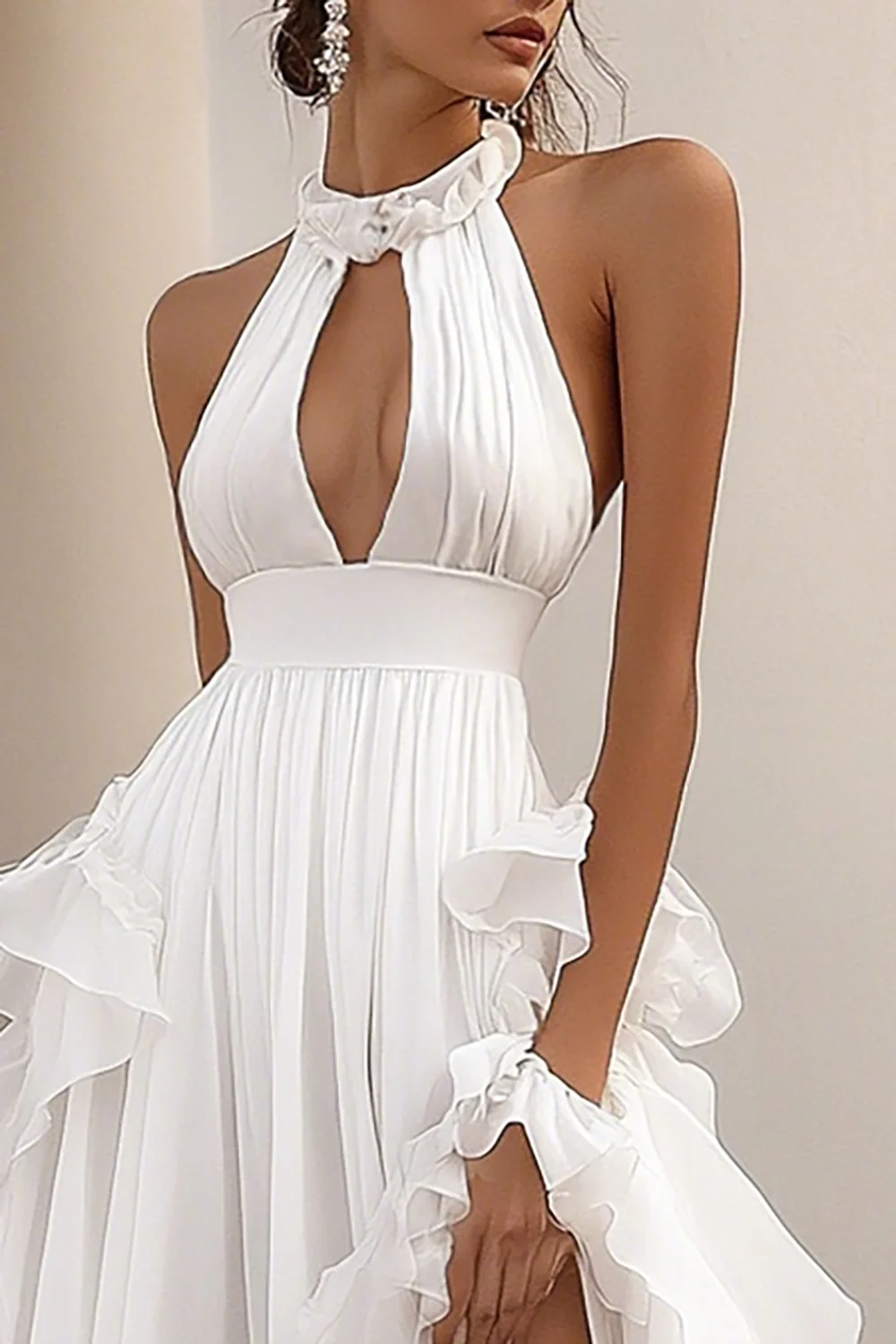 A Line White Satin Keyhole Long Rehearsal Dinner Dress with Slit - JUORTHO