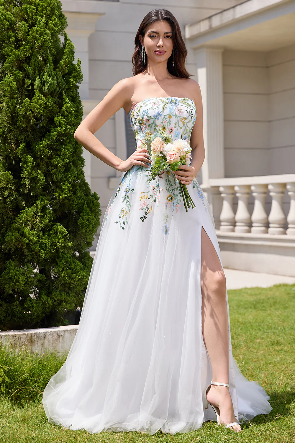 White A Line Strapless Tulle Slit Wedding Dress with 3D Flowers - JUORTHO