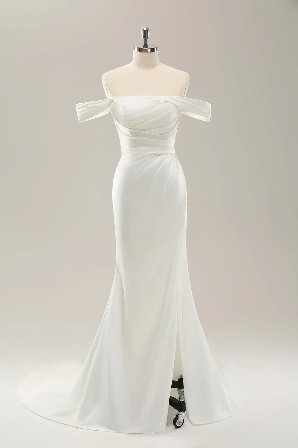 White Mermaid Off The Shoulder Pleated Satin Wedding Dress with Slit - JUORTHO