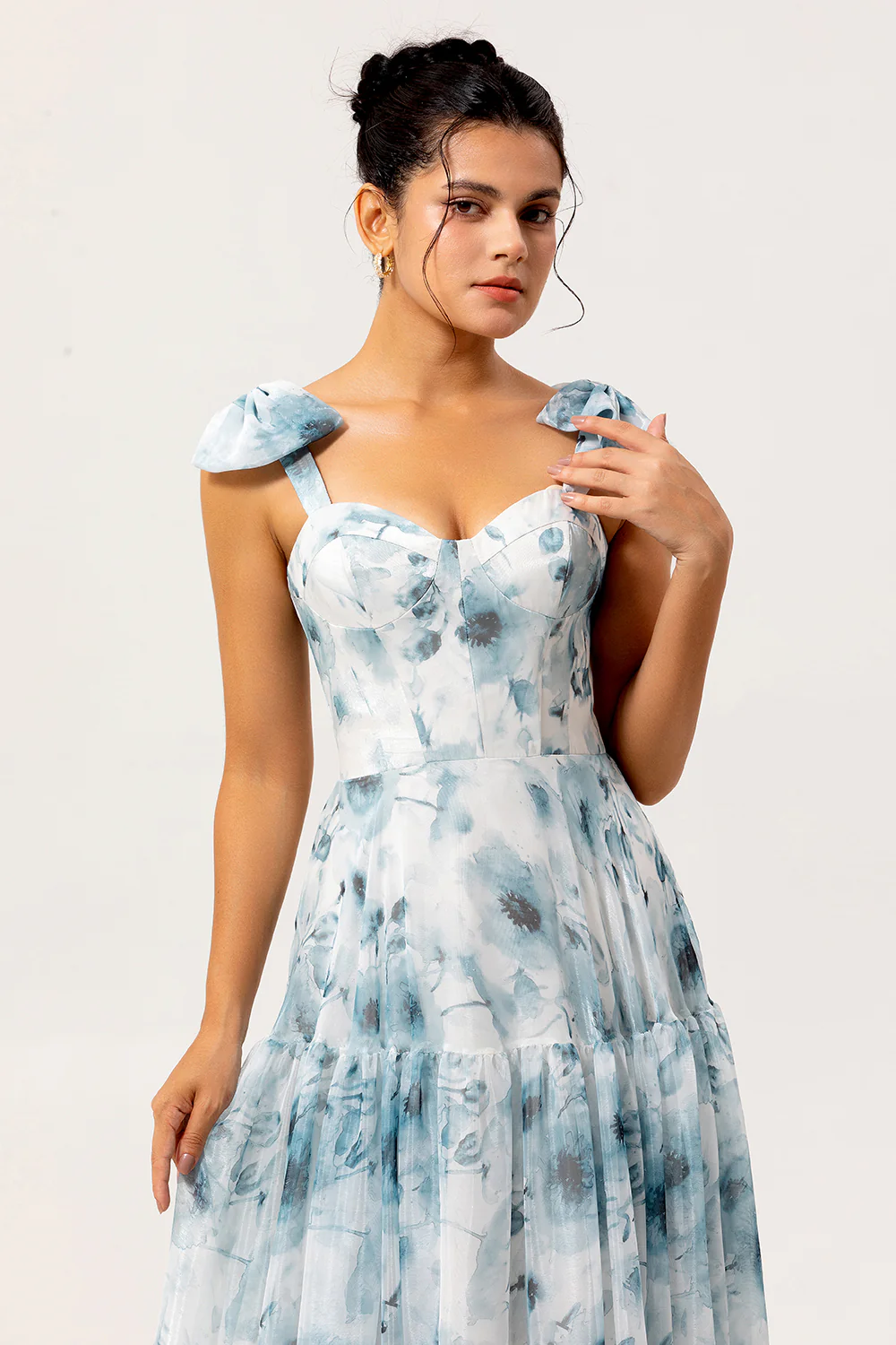 Blue A Line Floral Chiffon Long Bridesmaid Dress - JUORTHO
