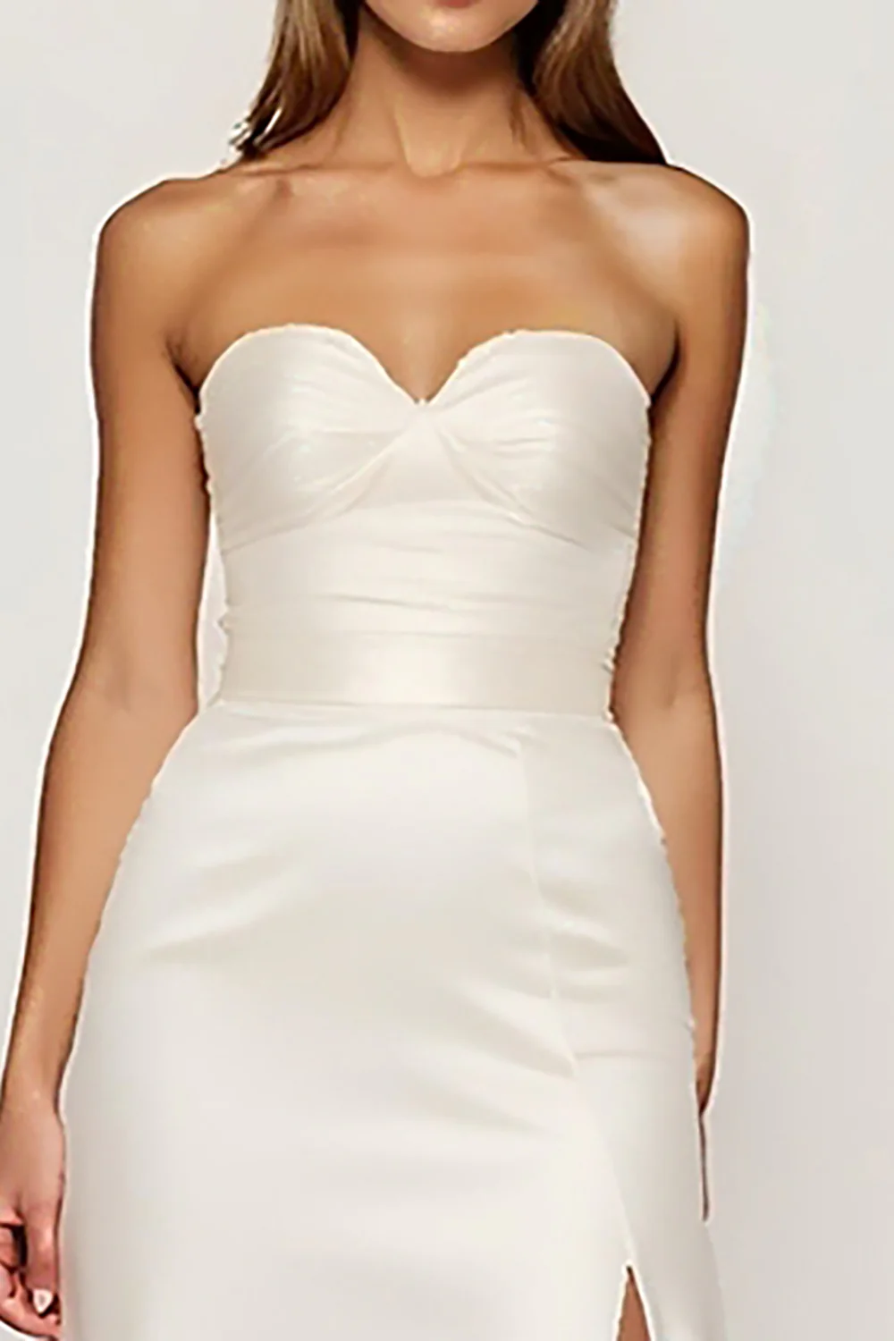Ivory Strapless Satin Long Graduation Dress with Slit - JUORTHO
