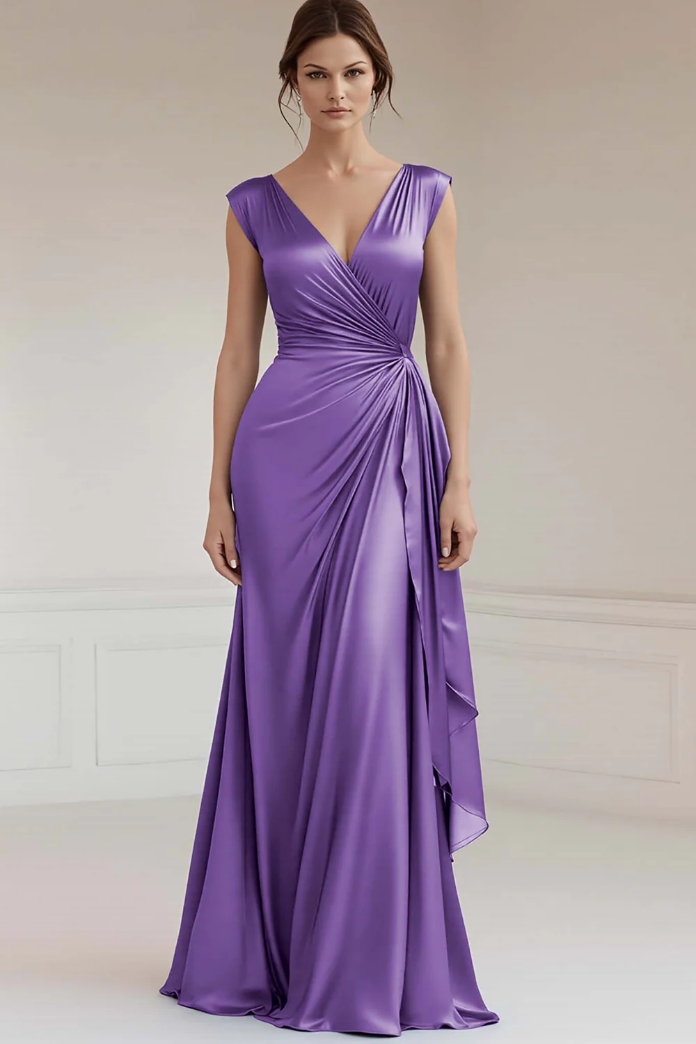 Peacock V-Neck Sheath Ruched Long Formal Dress with Ruffles - JUORTHO