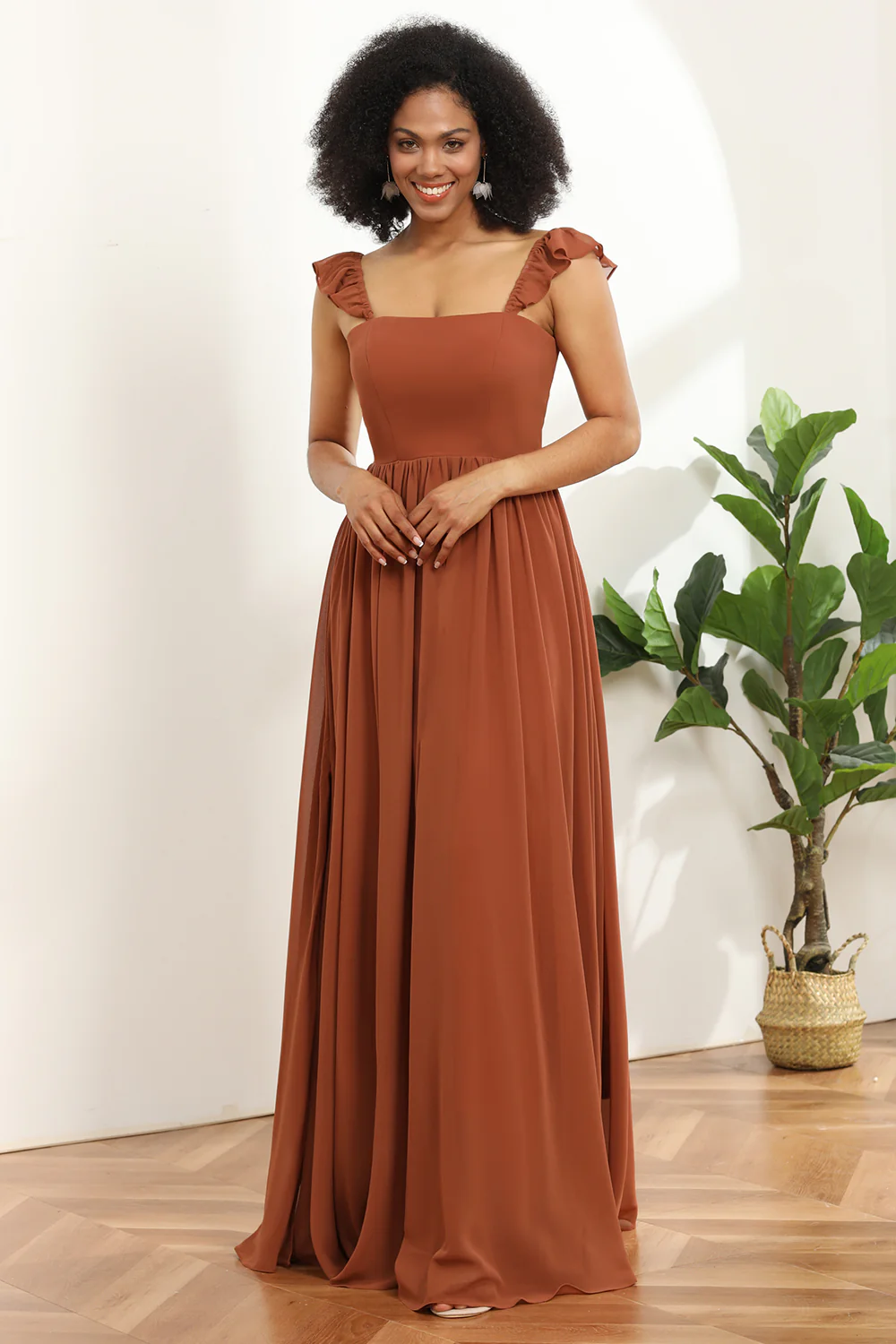 Terracotta A-line Straps Chiffon Bridesmaid Dress - JUORTHO