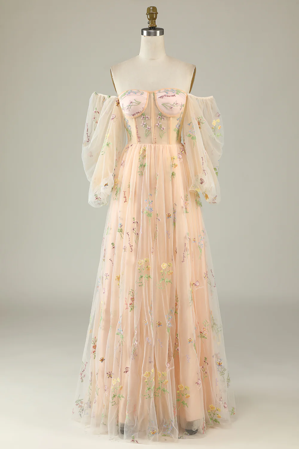 Green Off Shoulder Floral Long Prom Dress - JUORTHO