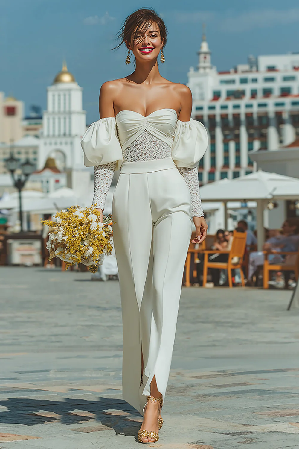 White Sweetheart Puff Sleeves Bridal Jumpsuits with Lace - JUORTHO