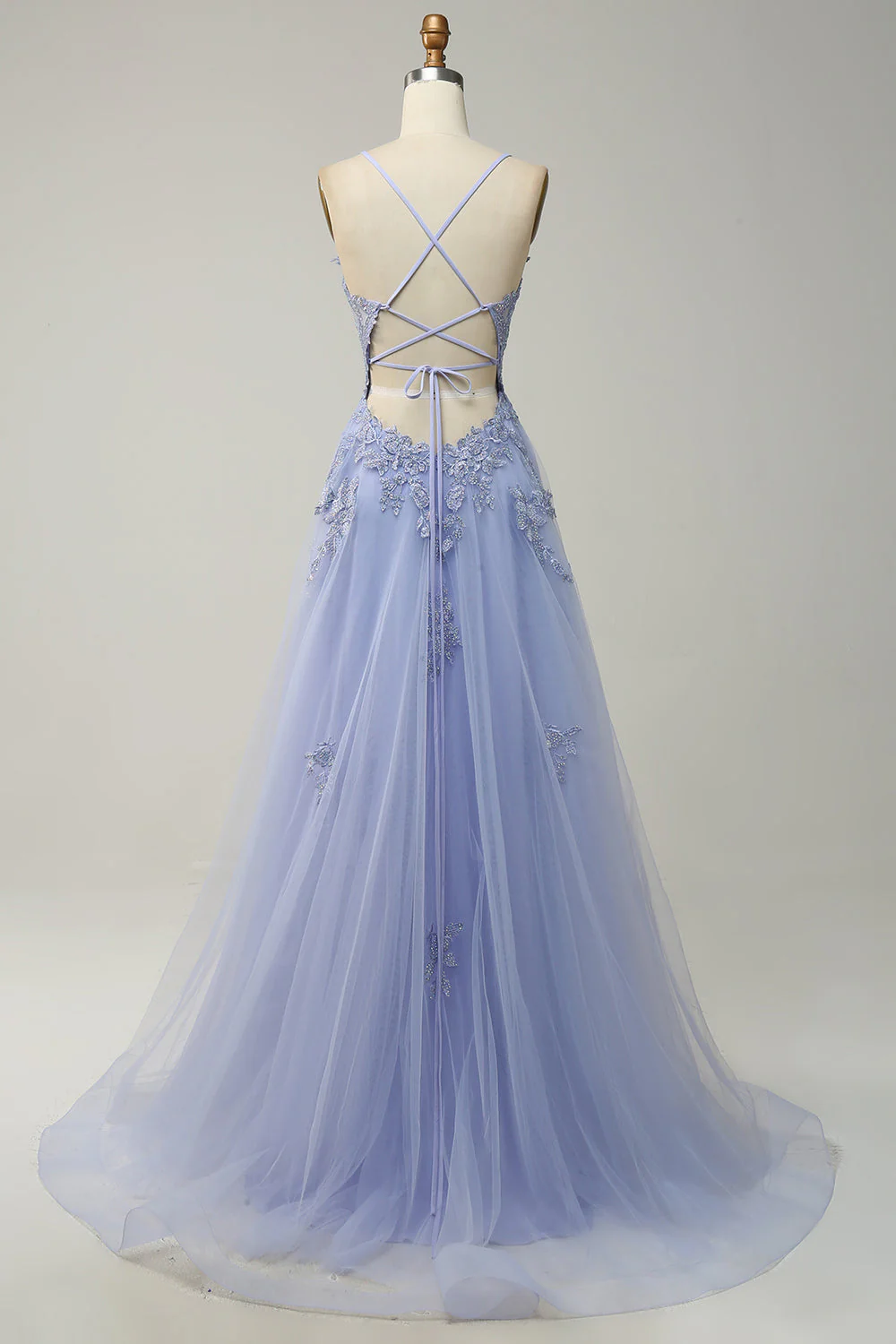 A Line Spaghetti Straps Grey Blue Long Prom Dress with Appliques - JUORTHO