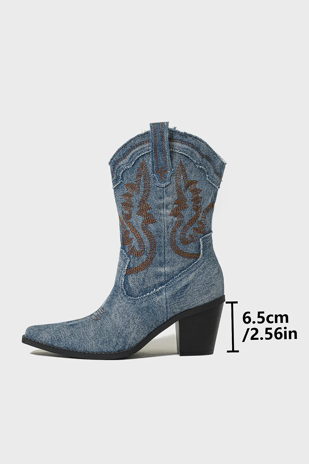 Dark Blue Embroidered Wide Calf Chunky Heel Western Cowgirl Boots - JUORTHO