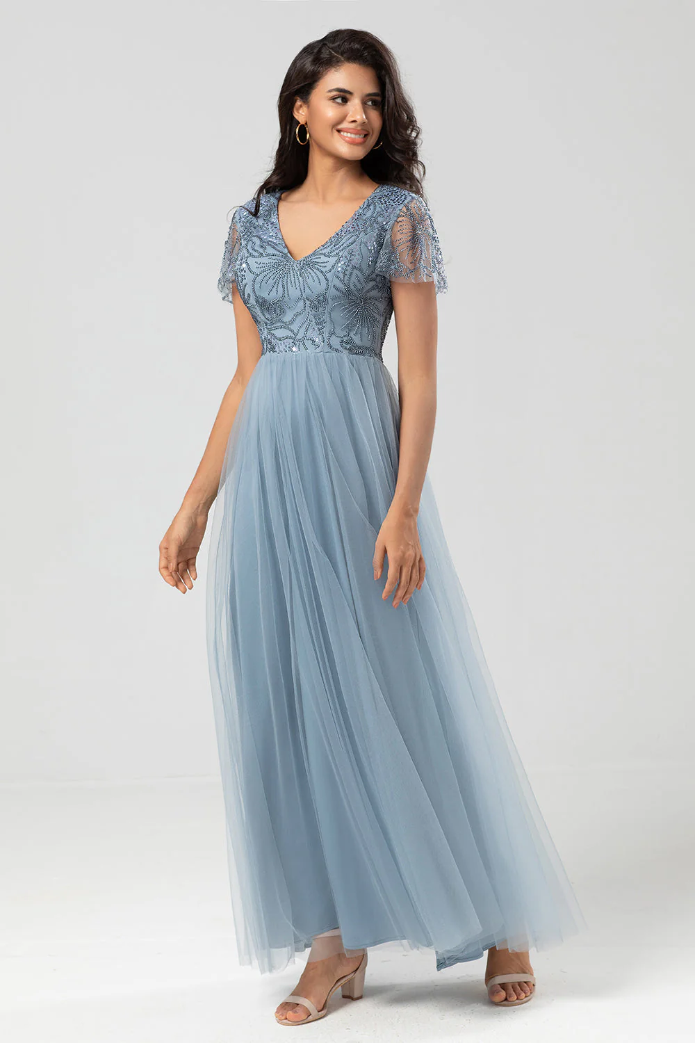Confidently Charismatic A Line V Neck Dusty Blue Long Bridesmaid Dress with Beading - JUORTHO