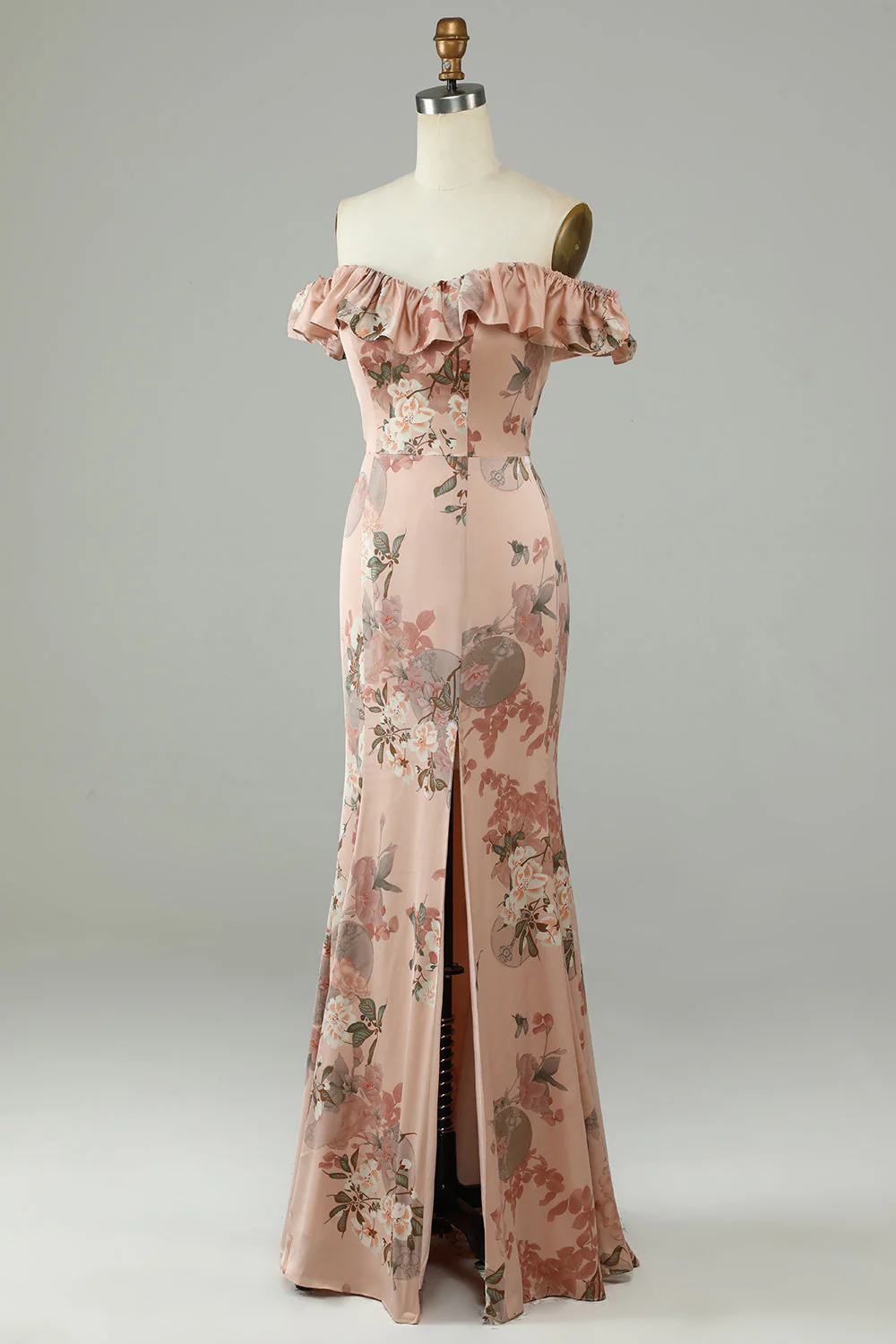 Flower Printed Off The Shoudler Blush Long Bridesmaid Dress with Slit - JUORTHO