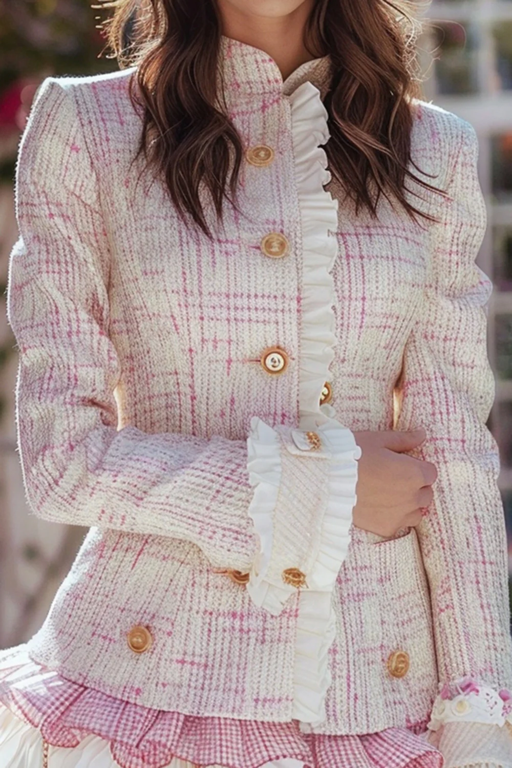 Light Pink Plaid Tweed Homecoming Outfits with Ruffles - JUORTHO
