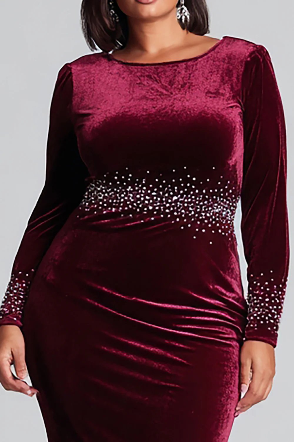 Plus Size Sparkly Burgundy Velvet Mermaid Long Holiday Party Dress with Sleeves - JUORTHO