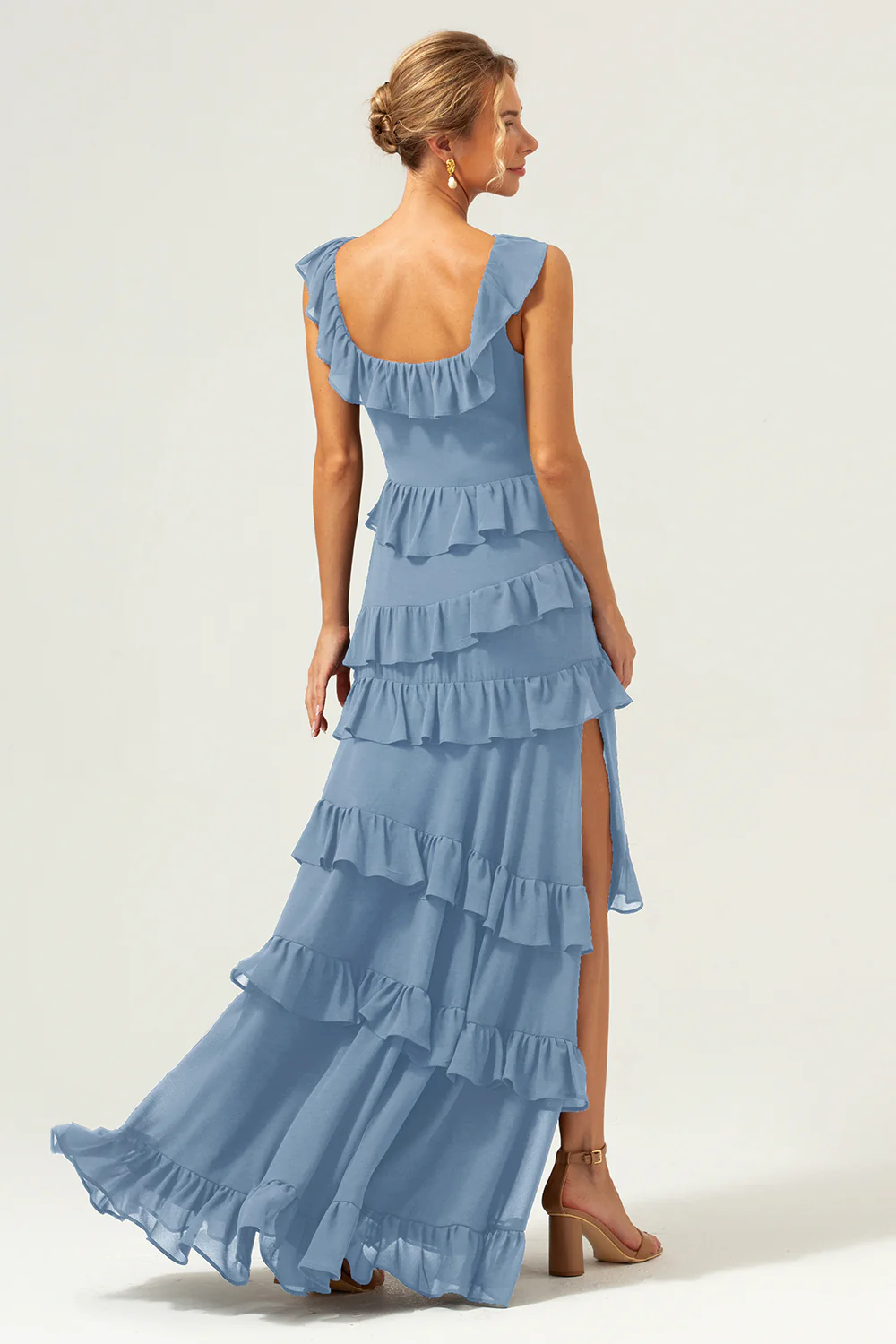 Dark Navy A-Line Tiered Chiffon Long Bridesmaid Dress - JUORTHO