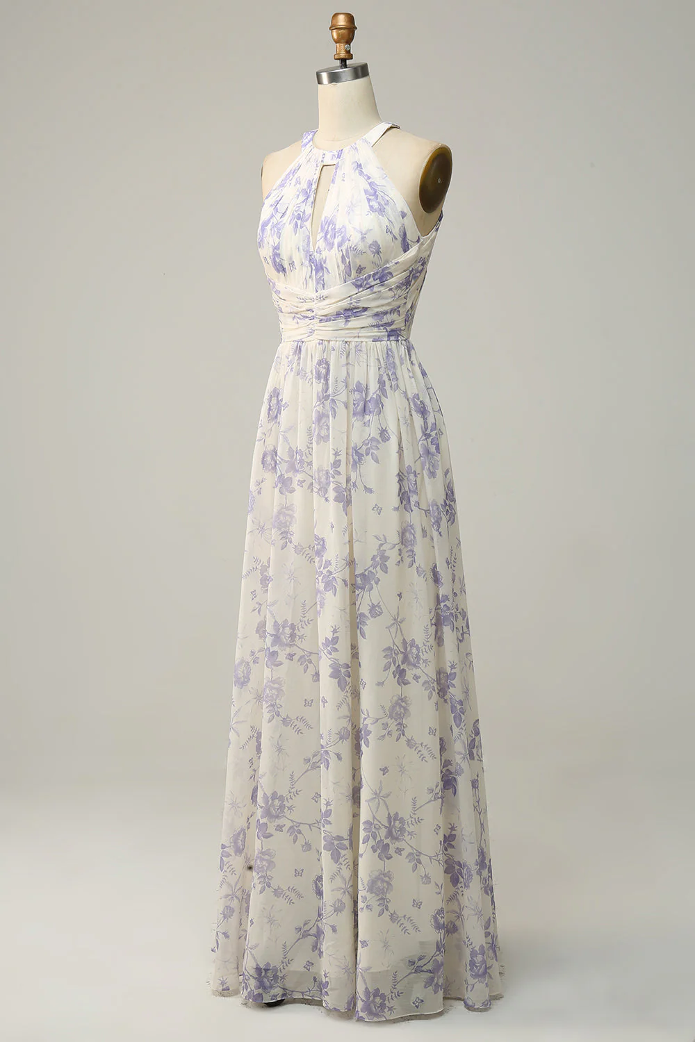 Blue Floral Boho Long Chiffon Bridesmaid Dress - JUORTHO