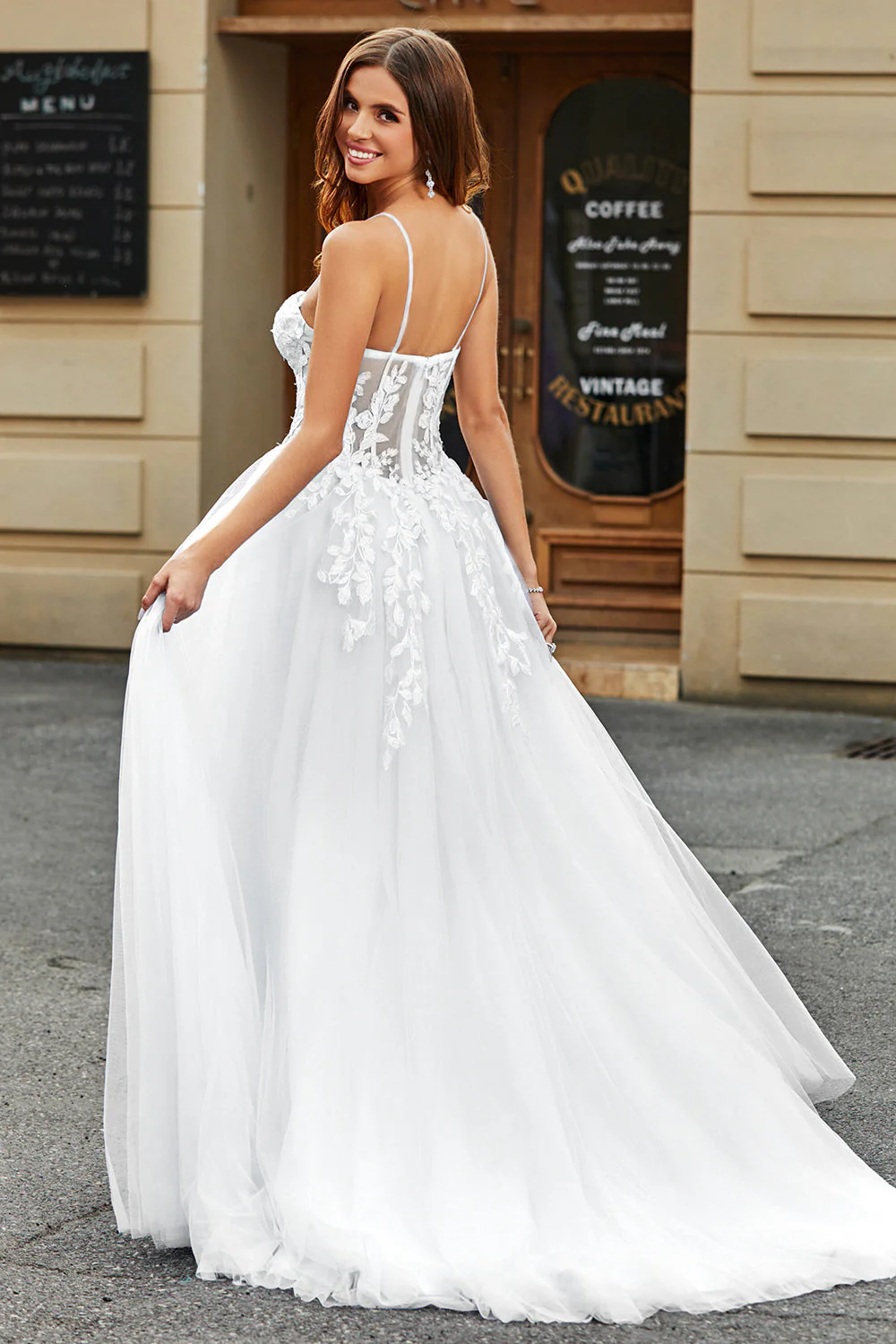 White Corset A-Line Long Tulle Bridal Dress with Slit - JUORTHO